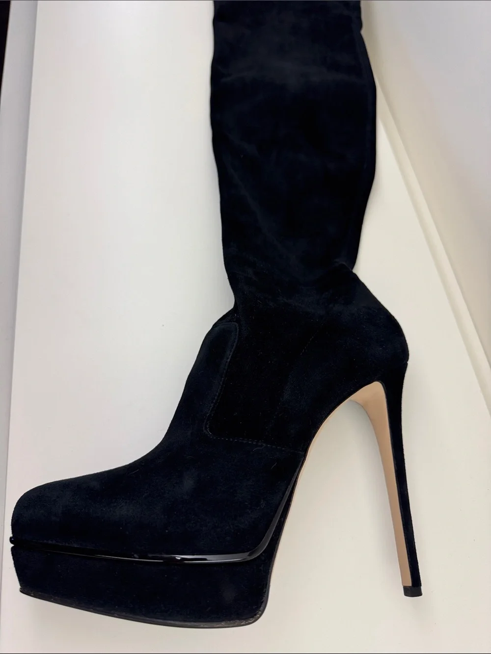 Black Suede Over-the-Knee Stiletto Boot with Platform — Women